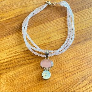 Rose Quartz oval and mother of pearl flower Sterling Silver beaded necklace